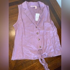 Womens Sleeveless Blouse XS Purple Tie Front Button Top NWT Casual Shirt